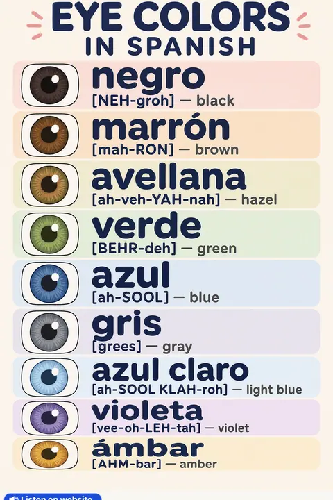 Eye colors in Spanish vocabulary chart