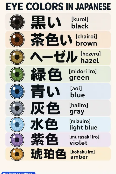 Eye colors in Japanese vocabulary chart