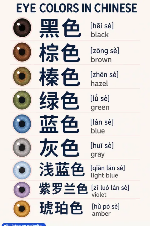 Eye colors in Chinese vocabulary chart