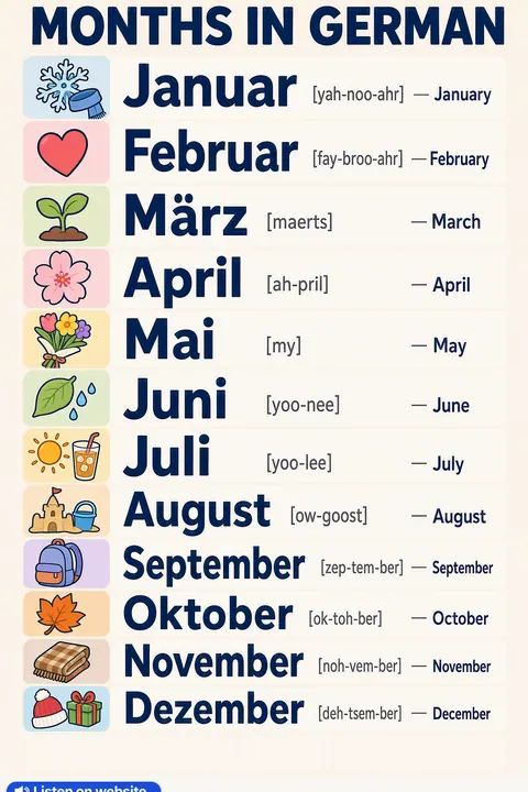Months in German vocabulary chart