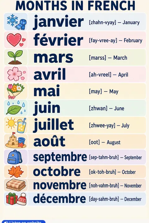Months in French vocabulary chart
