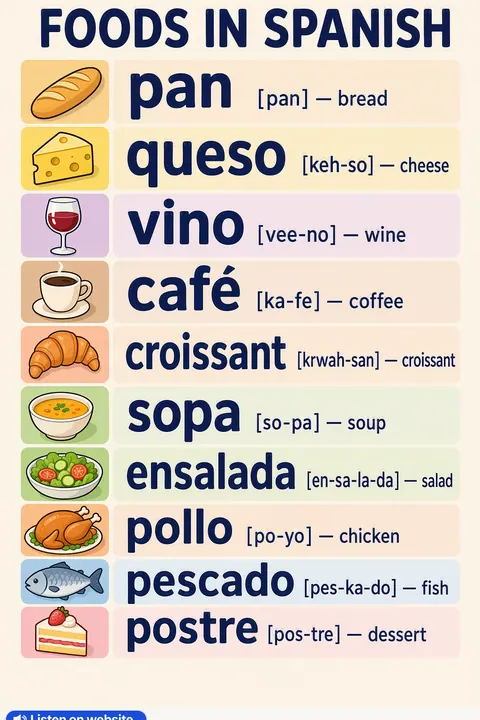 Foods in Spanish vocabulary chart