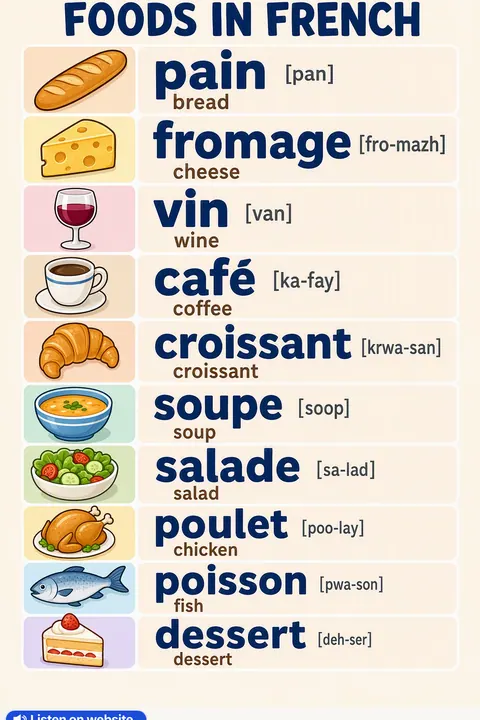 Foods in French vocabulary chart