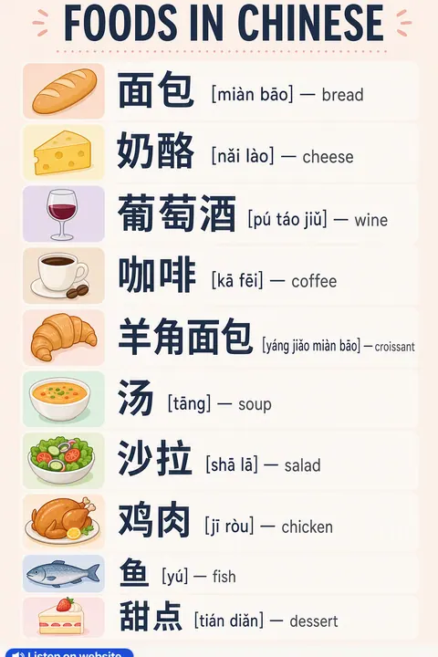 Foods in Chinese vocabulary chart