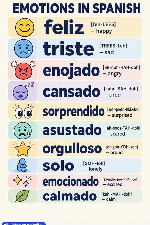 Emotions in Spanish vocabulary chart
