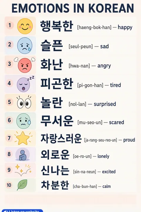 Emotions in Korean vocabulary chart