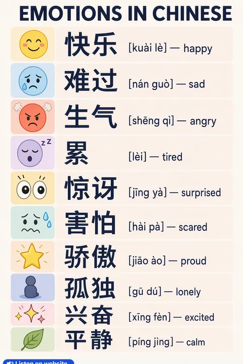 Emotions in Chinese vocabulary chart