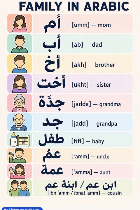 Family in Arabic vocabulary chart