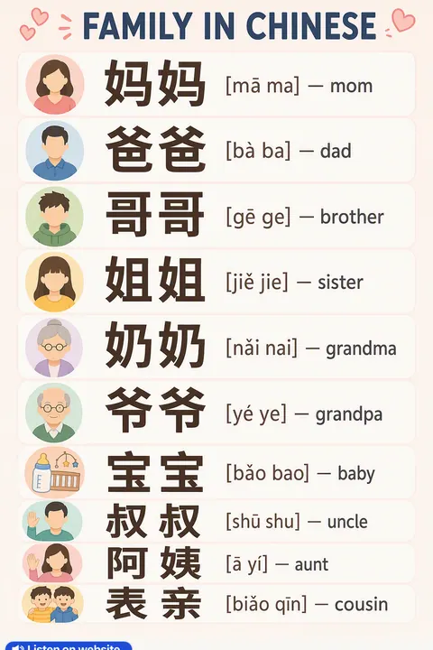 Family in Chinese vocabulary chart