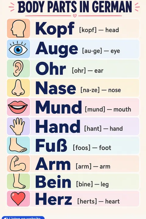 Body parts in German vocabulary chart