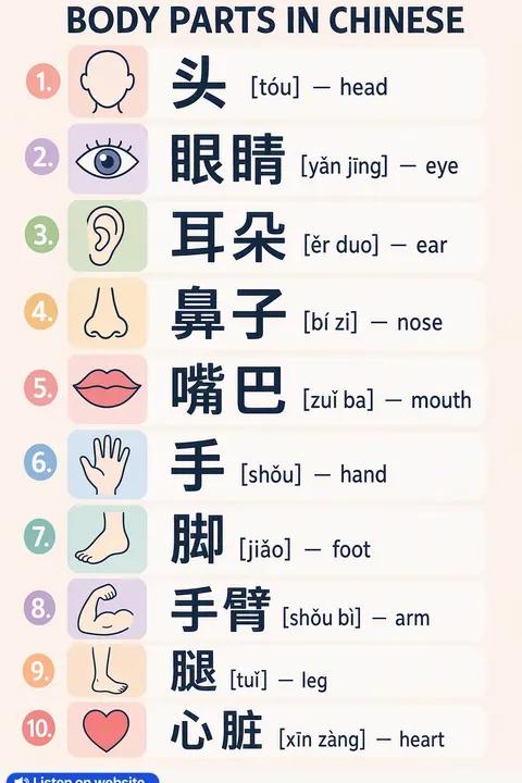 Body Parts in Chinese vocabulary chart