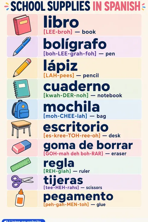 School supplies in Spanish vocabulary chart