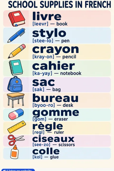 School supplies in French vocabulary chart