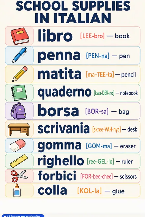 School supplies in Italian vocabulary chart