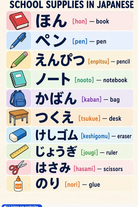 School supplies in Japanese vocabulary chart