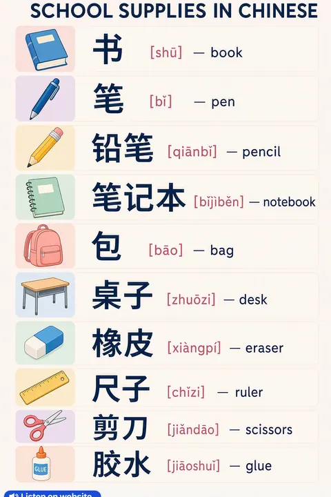 School supplies in Chinese vocabulary chart