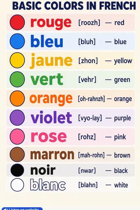 Basic colors in French vocabulary chart