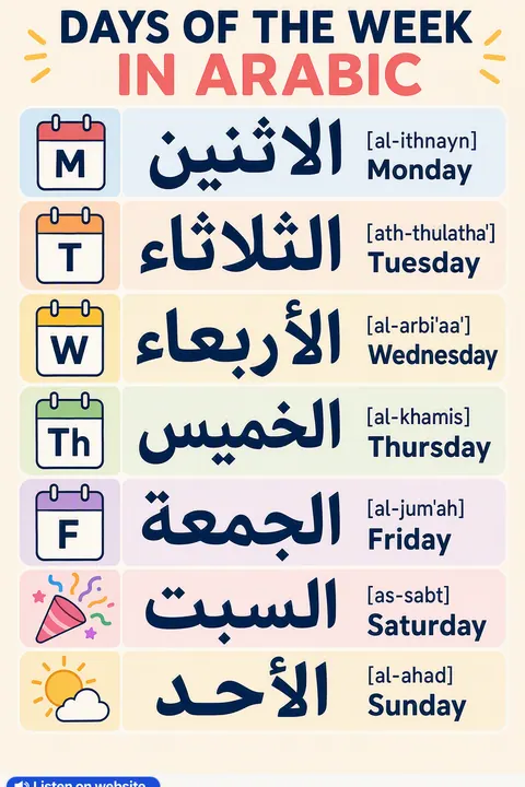 Days of the week in Arabic vocabulary chart