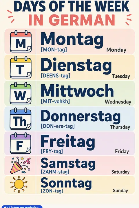 Days of the Week in German vocabulary chart