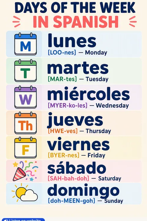 Days of the week in Spanish vocabulary chart