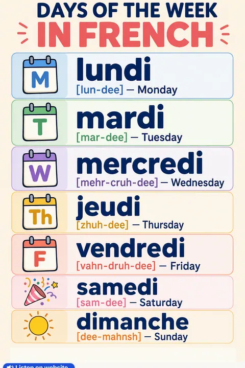 Days of the Week in French vocabulary chart
