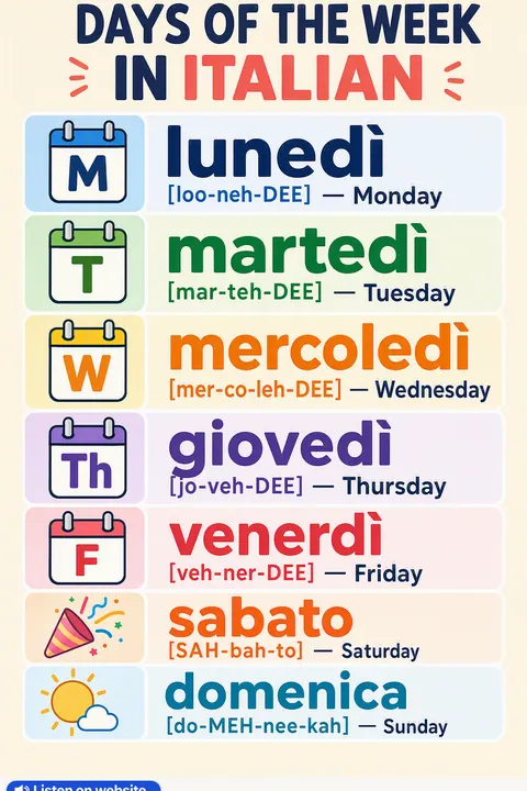 Days of the Week in Italian vocabulary chart