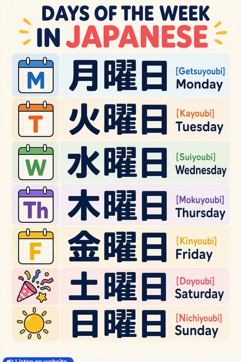 Days of the Week in Japanese vocabulary chart
