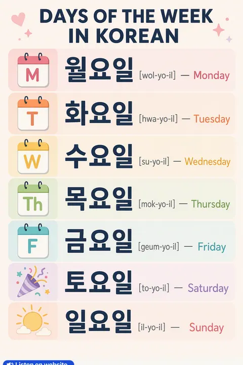 Days of the Week in Korean vocabulary chart