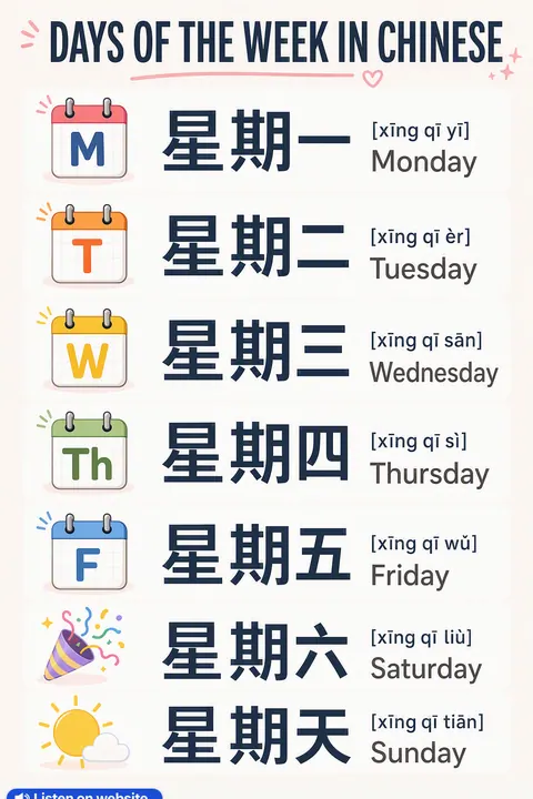Days of the Week in Chinese vocabulary chart