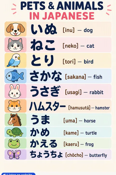Pets & animals in Japanese vocabulary chart