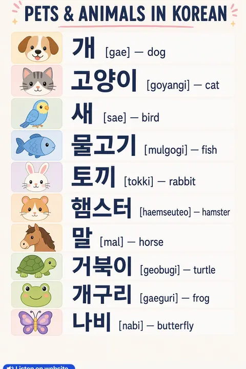 Pets & animals in Korean vocabulary chart