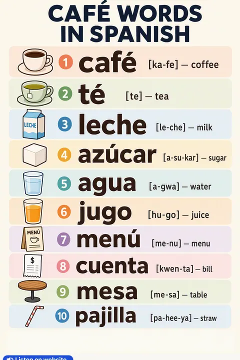 Café in Spanish vocabulary chart