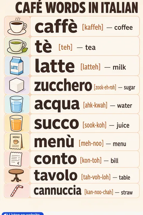 Café in Italian vocabulary chart