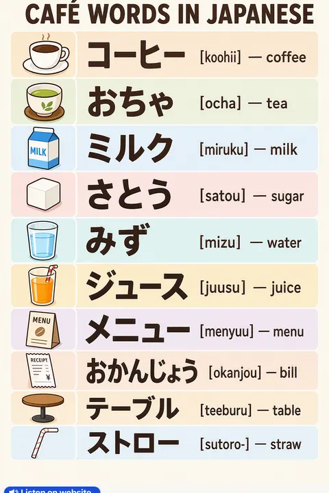 Café in Japanese vocabulary chart