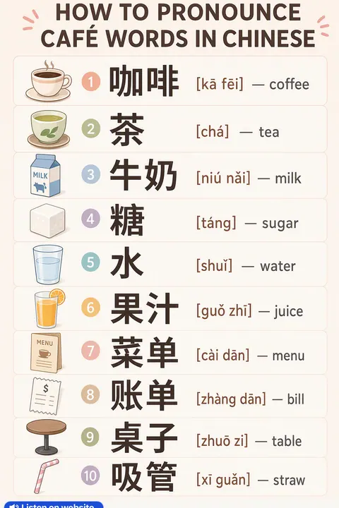 How To Pronounce Café in Chinese vocabulary chart