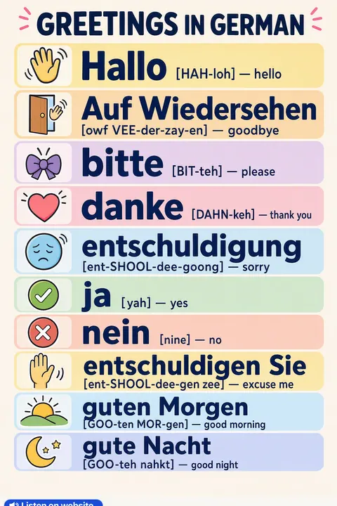Greetings in German vocabulary chart