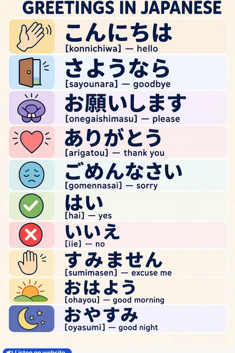 Greetings in Japanese vocabulary chart