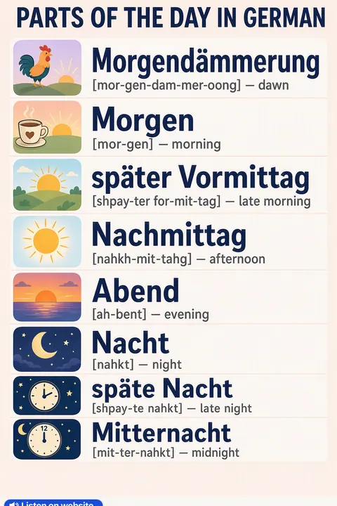 Parts of the Day in German vocabulary chart