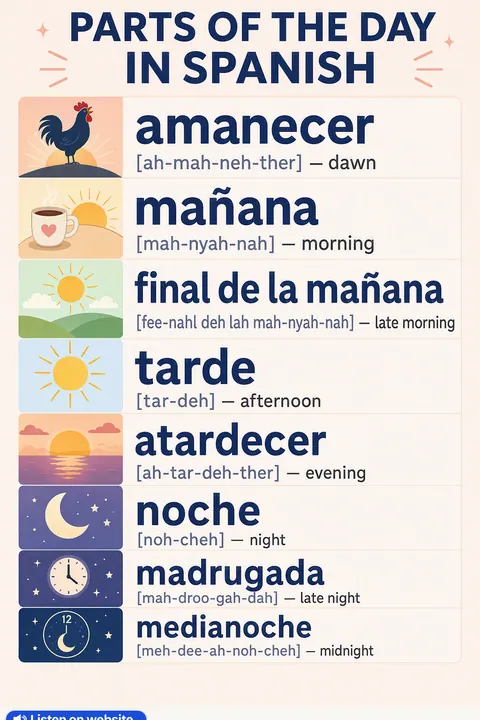 Parts of the Day in Spanish vocabulary chart