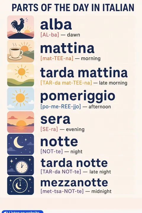 Parts of the day in Italian vocabulary chart