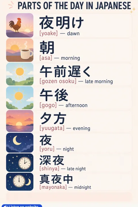 Parts of the Day in Japanese vocabulary chart