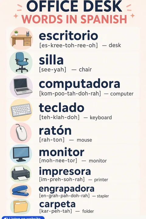 Office Desk in Spanish vocabulary chart