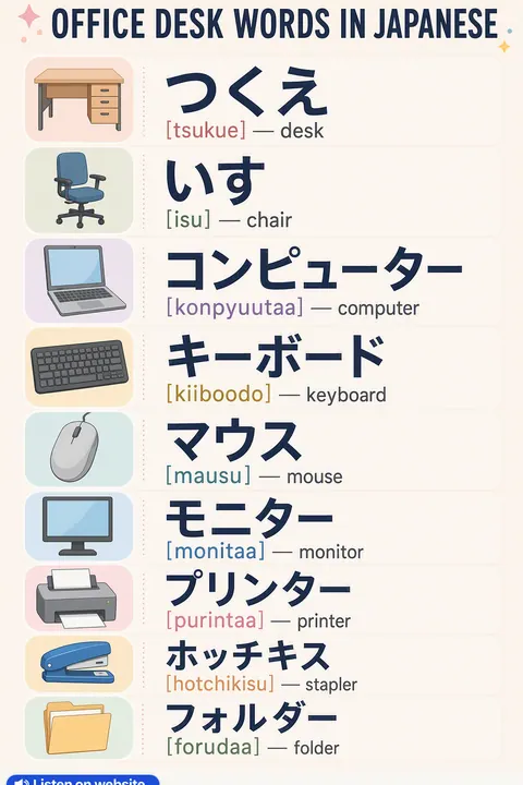 Office Desk in Japanese vocabulary chart