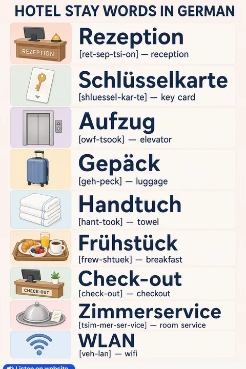 How to check in at a hotel in German vocabulary chart