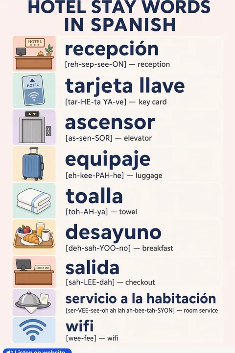 How to check in at a hotel in Spanish vocabulary chart