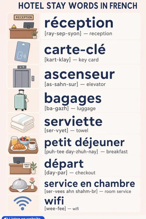 How to check in at a hotel in French vocabulary chart