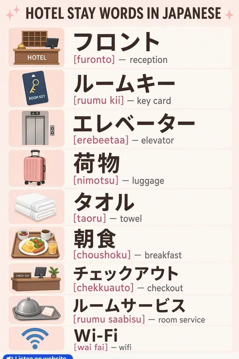 How to check in at a hotel in Japanese vocabulary chart