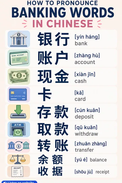How To Pronounce Banking in Chinese vocabulary chart