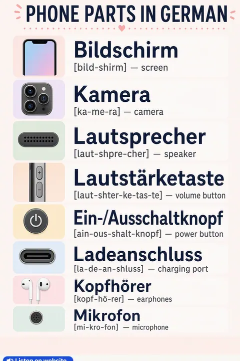 Phone parts in German vocabulary chart