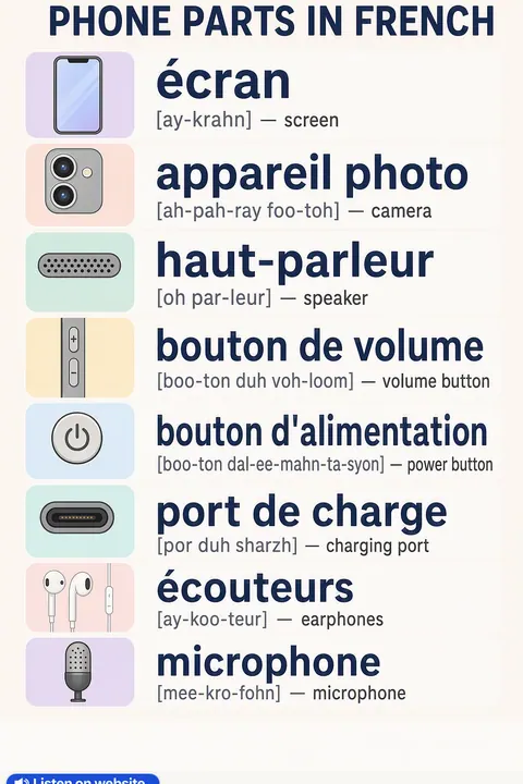 Phone parts in French vocabulary chart
